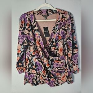 Lauren Ralph Lauren Floral Surplice Jersey Top Women's XL Multi 3/4 Sleeve